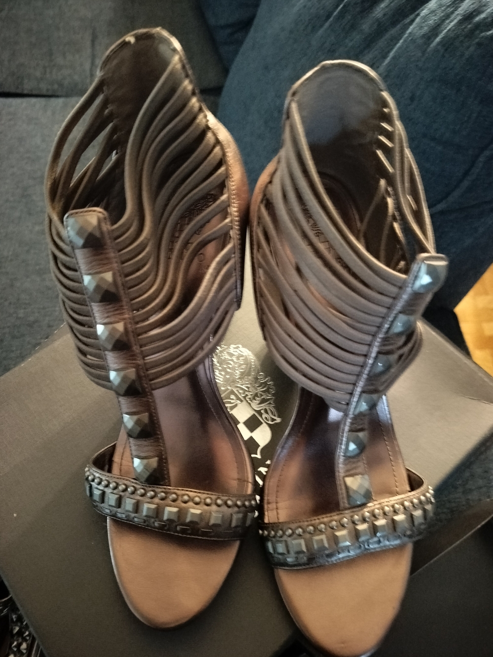 Vince Camuto Brown Cage-Strap Stud Accent High Heels